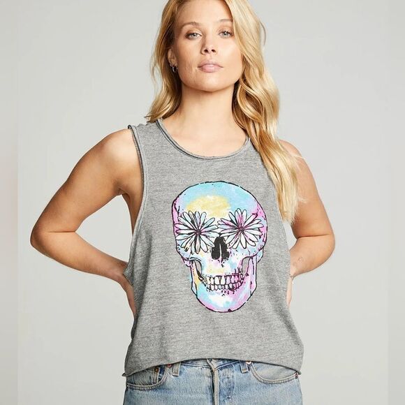 NWT Chaser Flower Skull Grey Racerback Tank - Picture 2 of 10